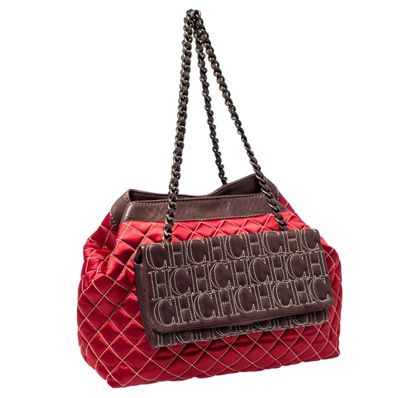 Carolina Herrera Red/Brown Quilted Satin and Leather Logo Pocket Shoulder Bag In Good Condition In Dubai, Al Qouz 2