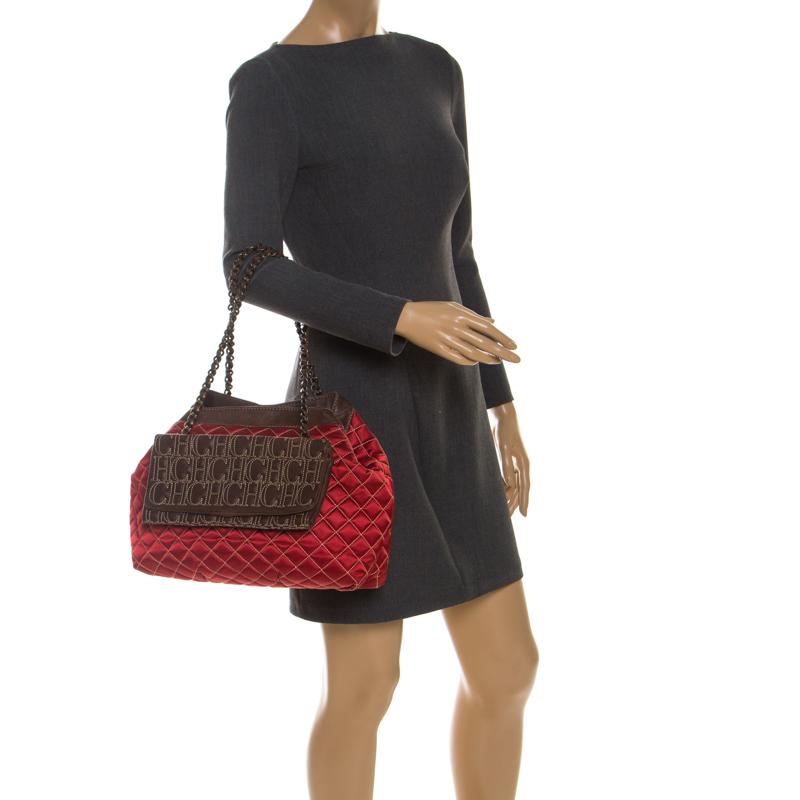 Women's Carolina Herrera Red/Brown Quilted Satin and Leather Logo Pocket Shoulder Bag
