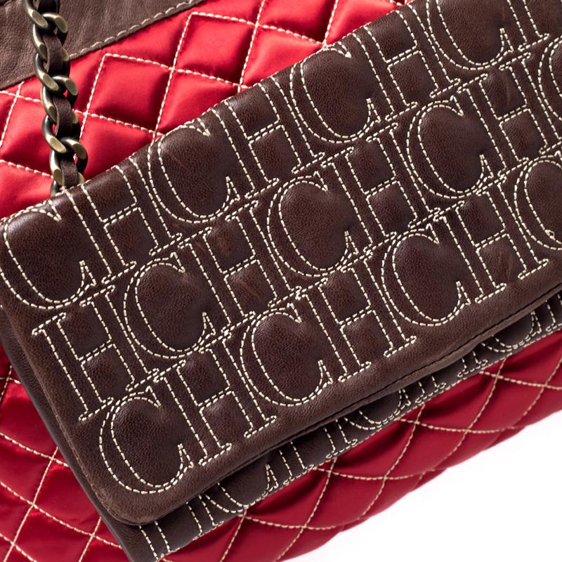 Carolina Herrera Red/Brown Quilted Satin and Leather Logo Pocket Shoulder Bag 1