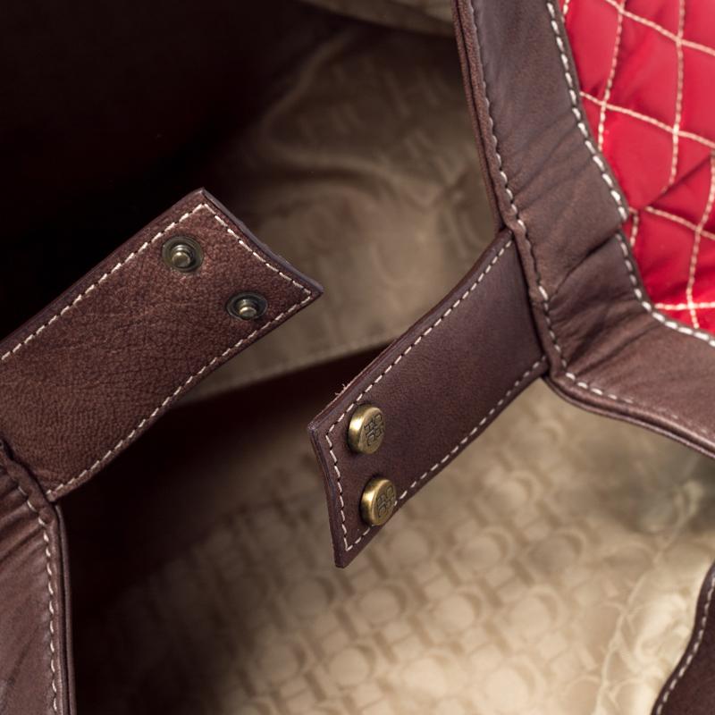 Carolina Herrera Red/Brown Quilted Satin and Leather Logo Pocket Shoulder Bag 4