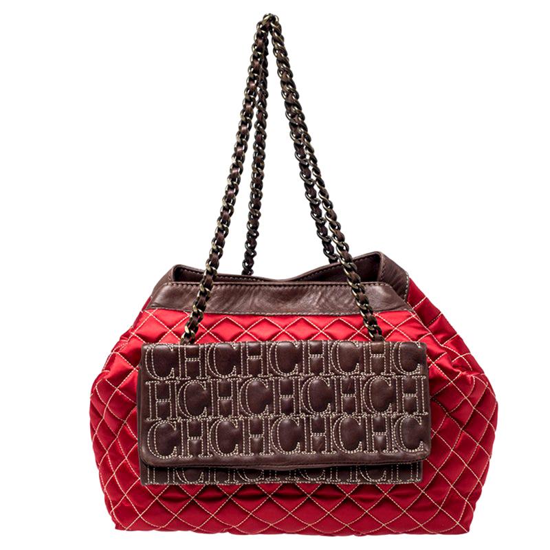 Carolina Herrera Red/Brown Quilted Satin and Leather Logo Pocket Shoulder Bag