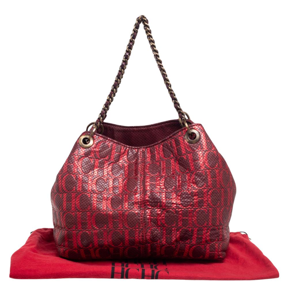 Carolina Herrera Red/Burgundy Monogram Leather Chain Tote 4
