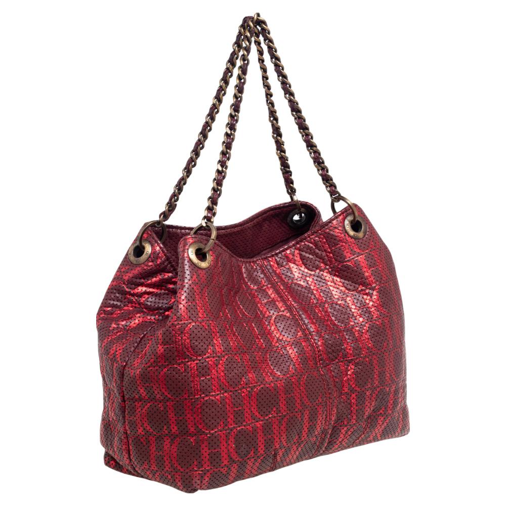 Brown Carolina Herrera Red/Burgundy Monogram Leather Chain Tote