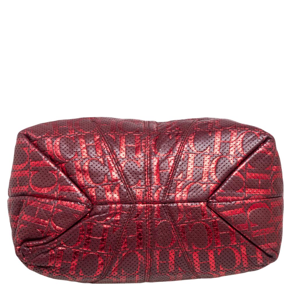 Carolina Herrera Red/Burgundy Monogram Leather Chain Tote In Good Condition In Dubai, Al Qouz 2