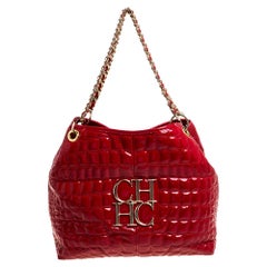 Carolina Herrera Red Croc Embossed Patent Leather Logo Chain Shoulder Bag