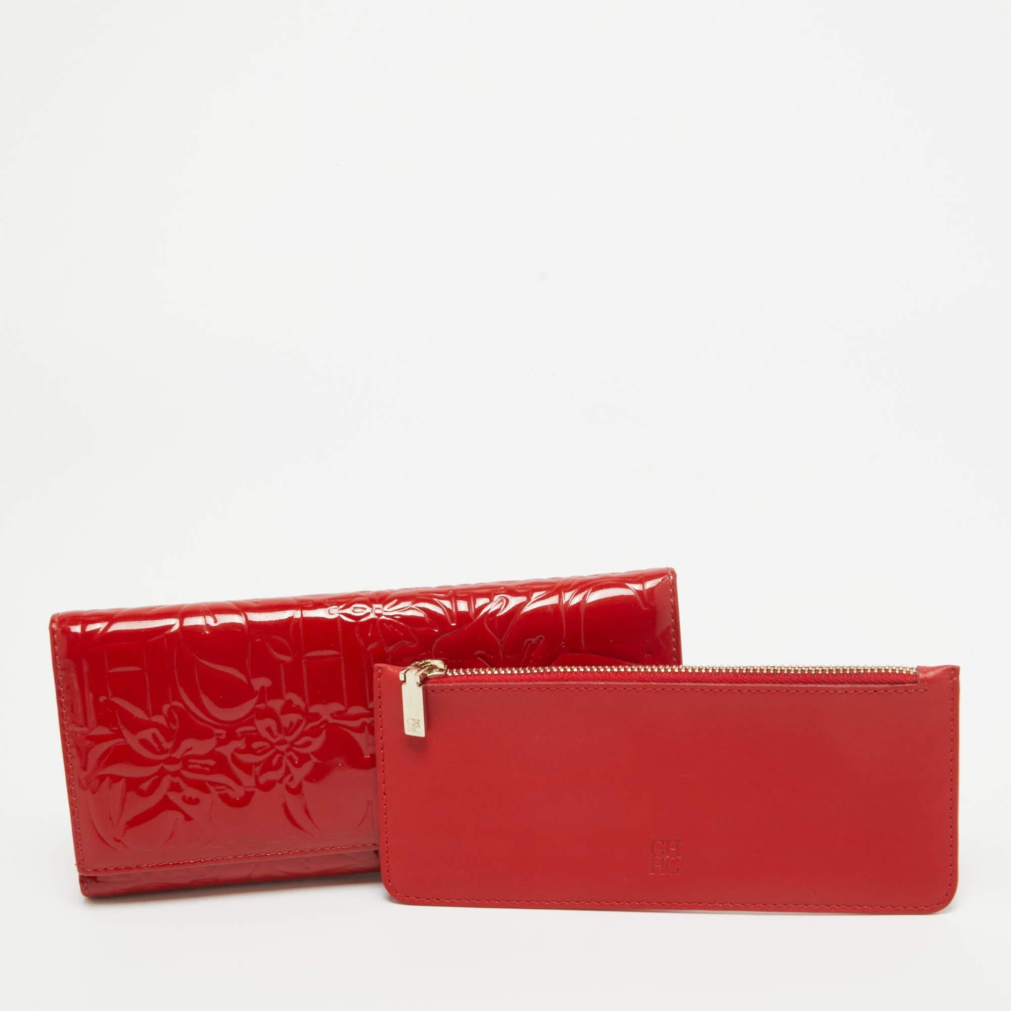 Carolina Herrera Red Embossed Patent Leather Flap Continental Wallet 3