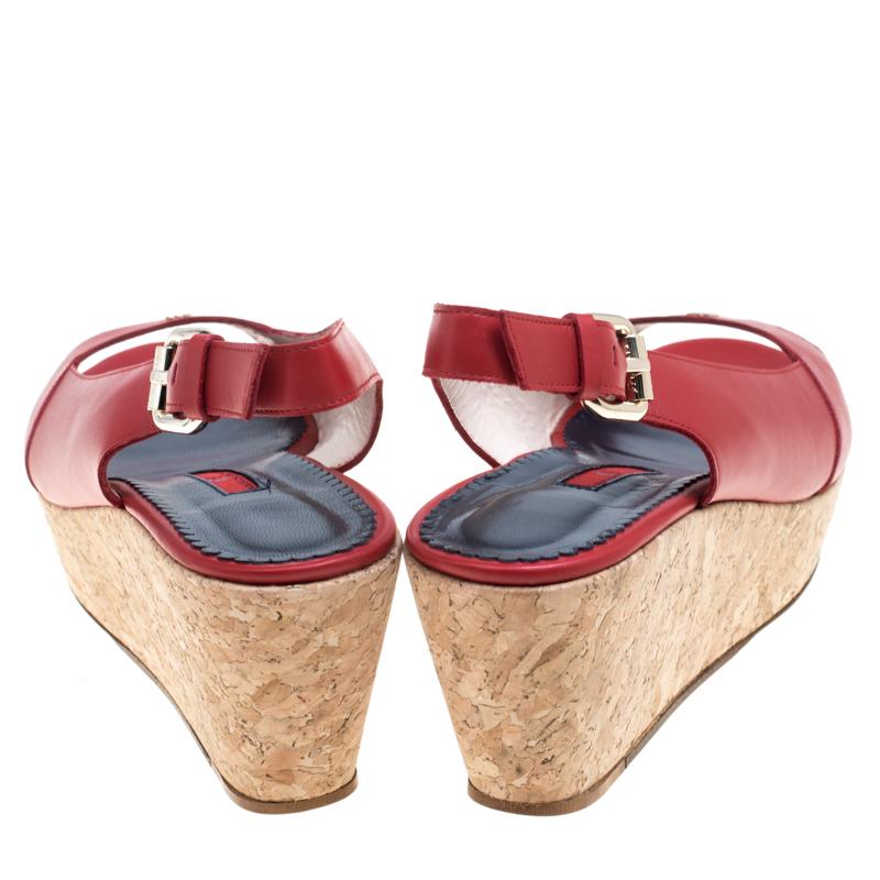 Beige Carolina Herrera Red Leather Cork Platform Peep Toe Slingback Sandals Size 39