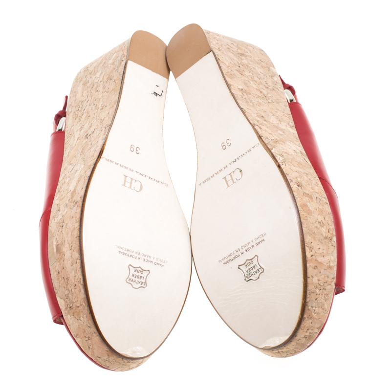 Carolina Herrera Red Leather Cork Platform Peep Toe Slingback Sandals Size 39 In New Condition In Dubai, Al Qouz 2