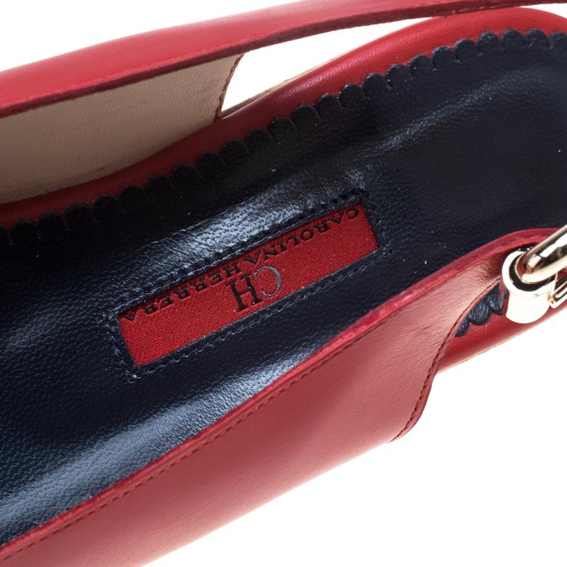 Women's Carolina Herrera Red Leather Cork Platform Peep Toe Slingback Sandals Size 39