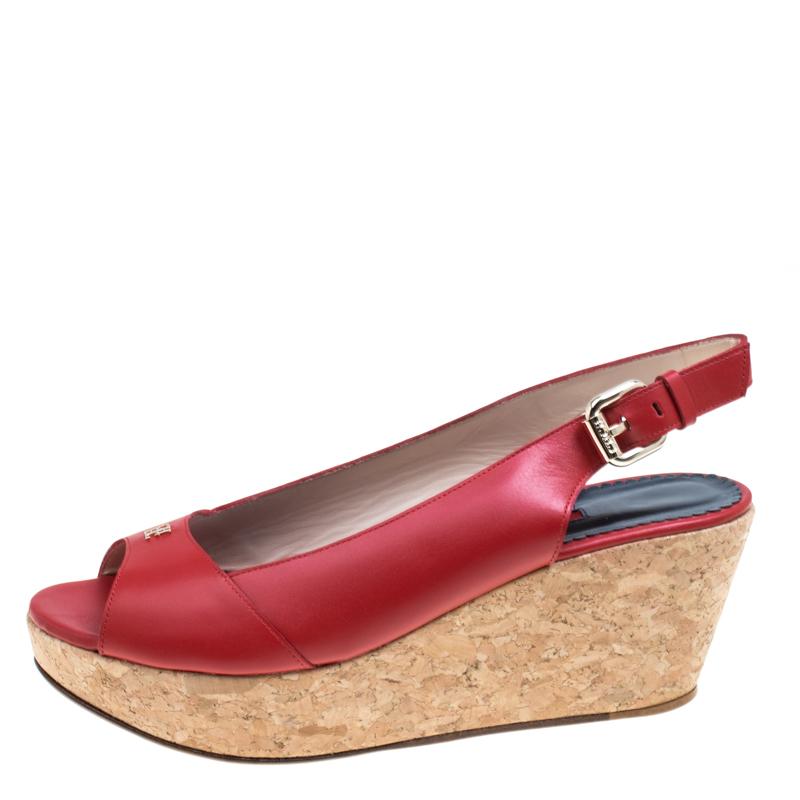 Carolina Herrera Red Leather Cork Platform Peep Toe Slingback Sandals Size 39 1