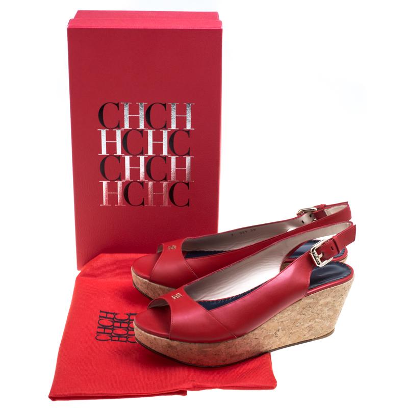 Carolina Herrera Red Leather Cork Platform Peep Toe Slingback Sandals Size 39 3
