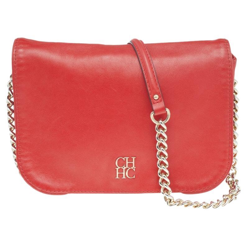 Carolina Herrera Red Leather Flap Chain Shoulder Bag