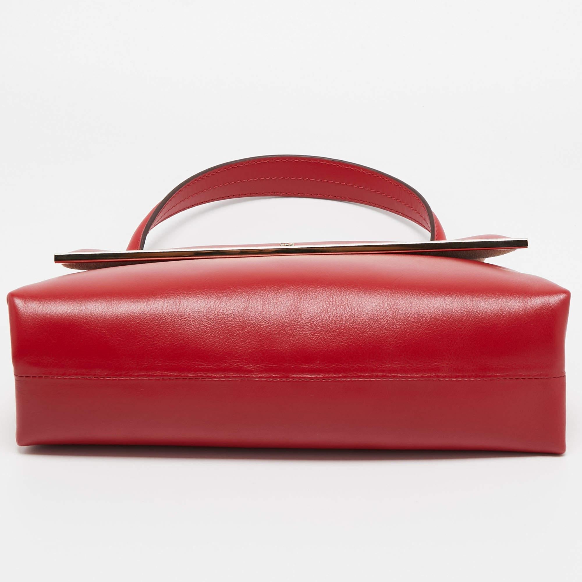 Carolina Herrera Red Leather Metal Bar Flap Top Handle Bag For Sale 7