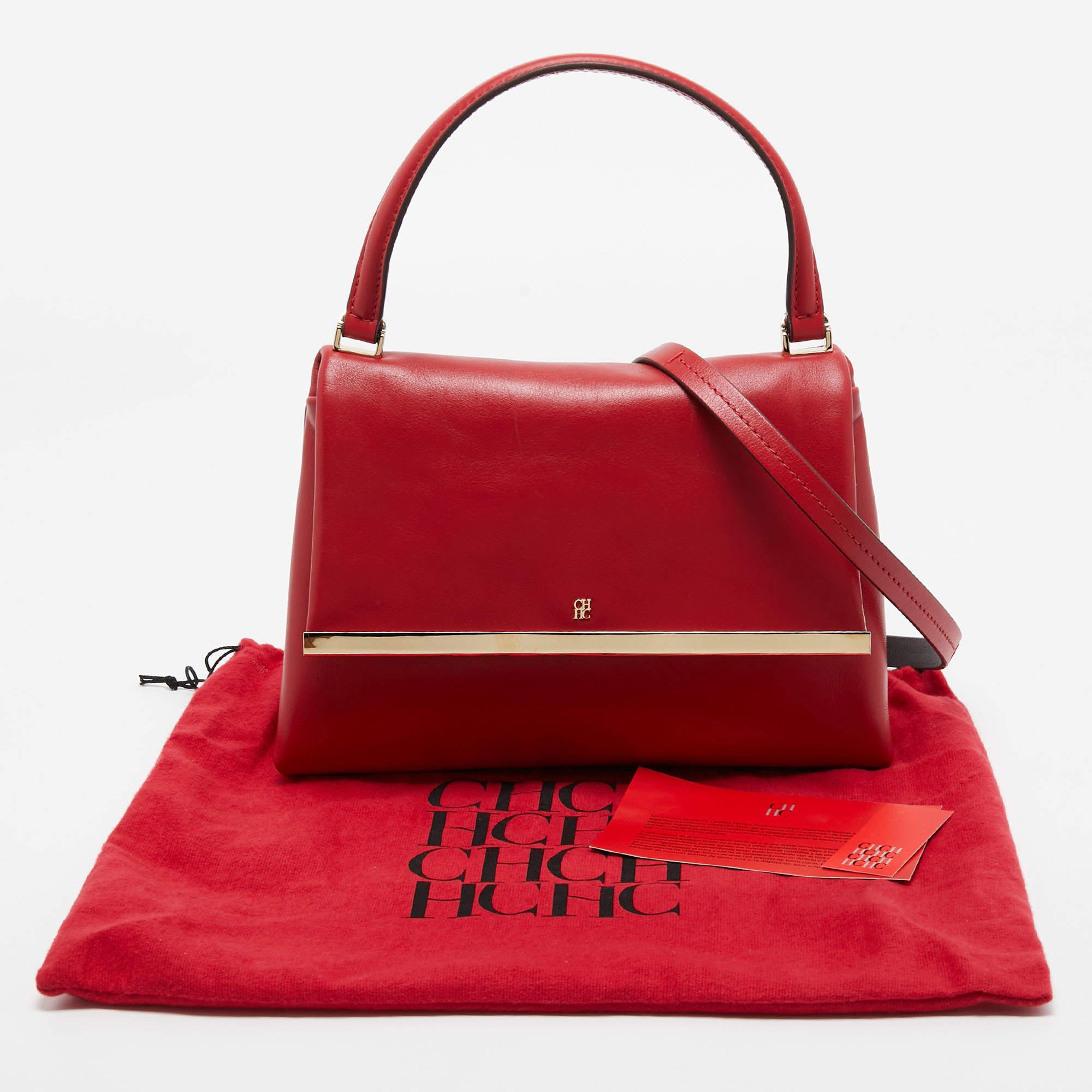 Carolina Herrera Red Leather Metal Bar Flap Top Handle Bag For Sale 9