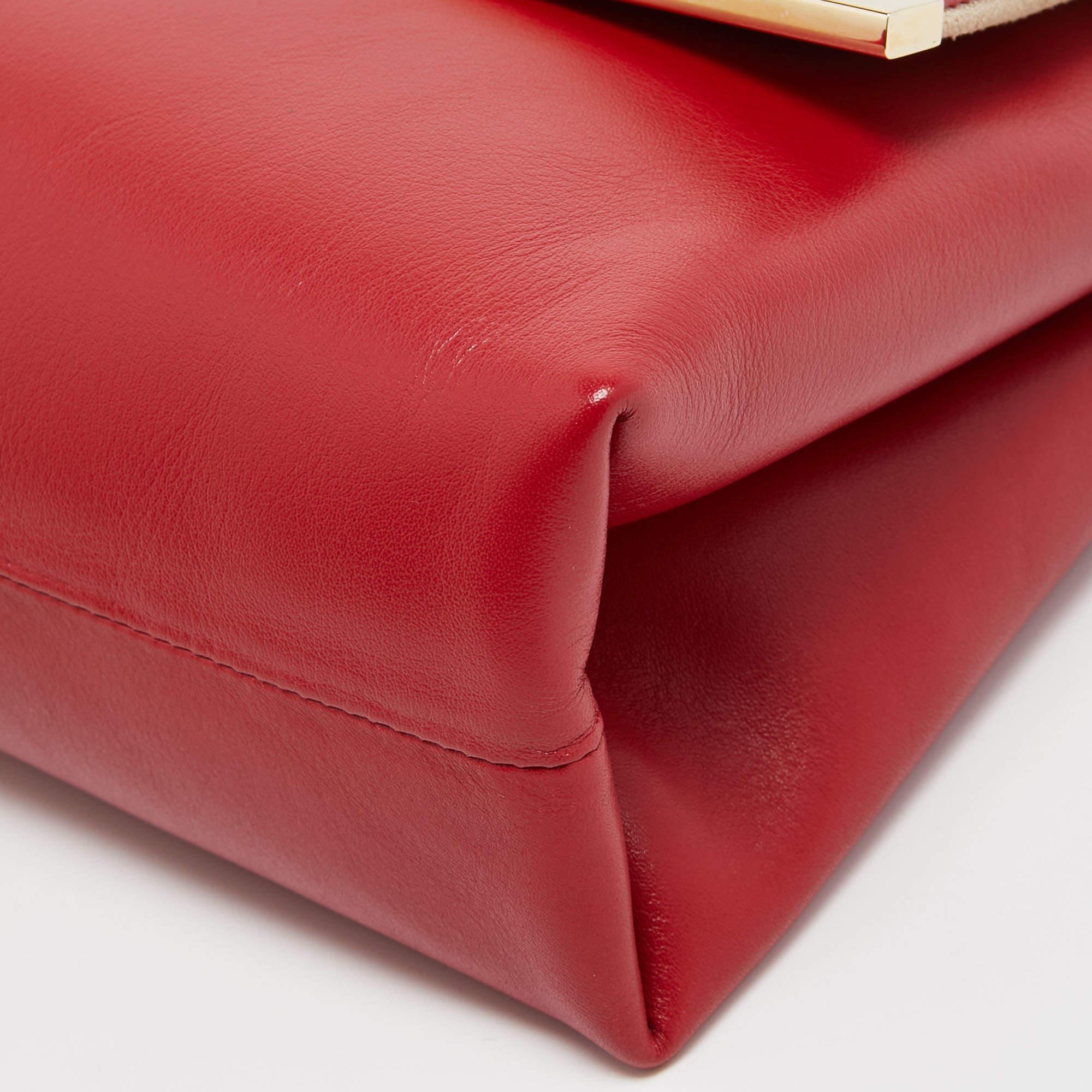 Carolina Herrera Red Leather Metal Bar Flap Top Handle Bag For Sale 5