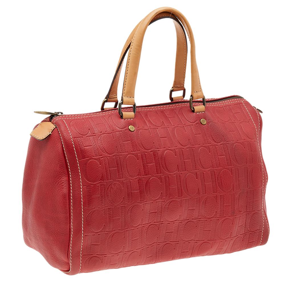 Carolina Herrera Red Monogram Embossed Leather Large Andy Boston Bag 3