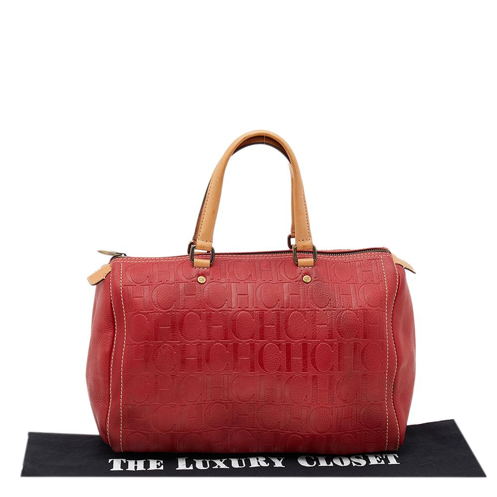 Carolina Herrera Red Monogram Embossed Leather Large Andy Boston Bag 4