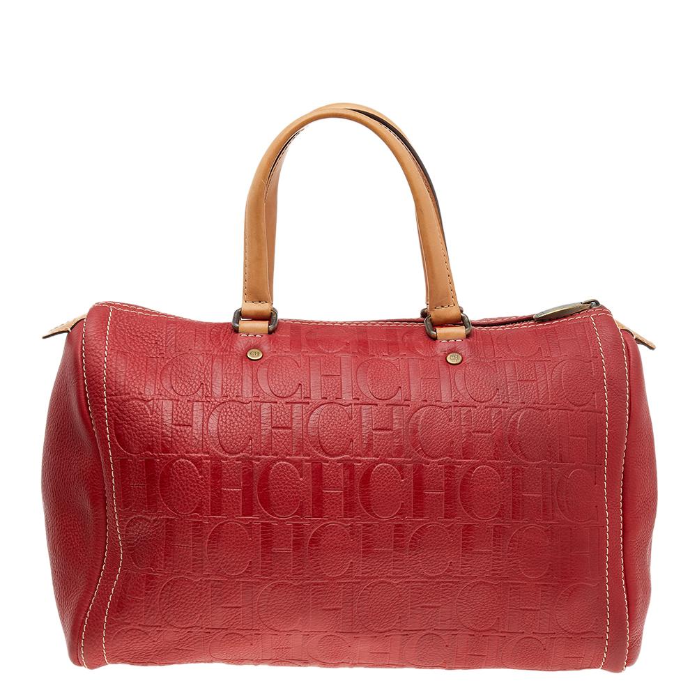 Carolina Herrera Red Monogram Embossed Leather Large Andy Boston Bag 5