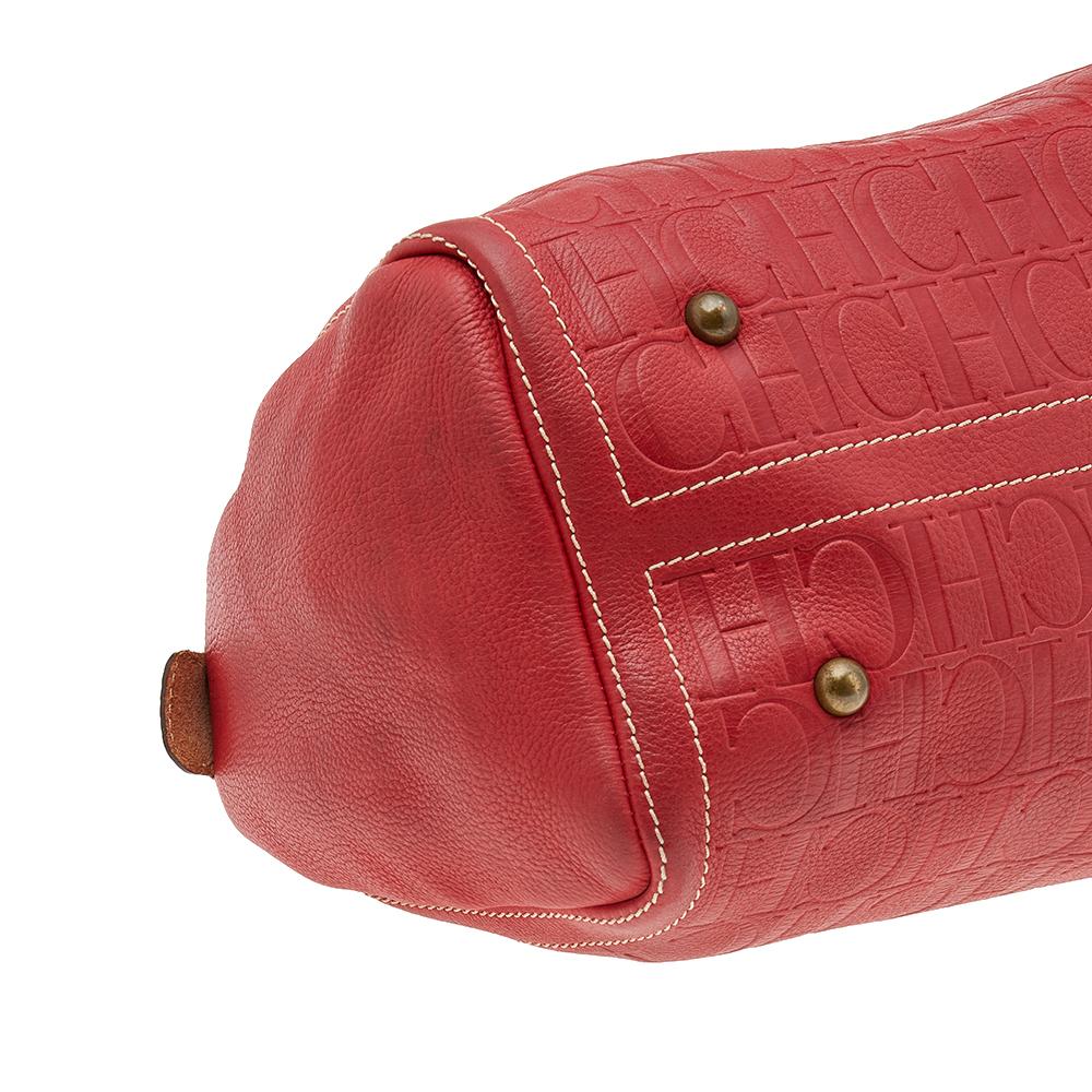 Carolina Herrera Red Monogram Embossed Leather Large Andy Boston Bag In Good Condition In Dubai, Al Qouz 2