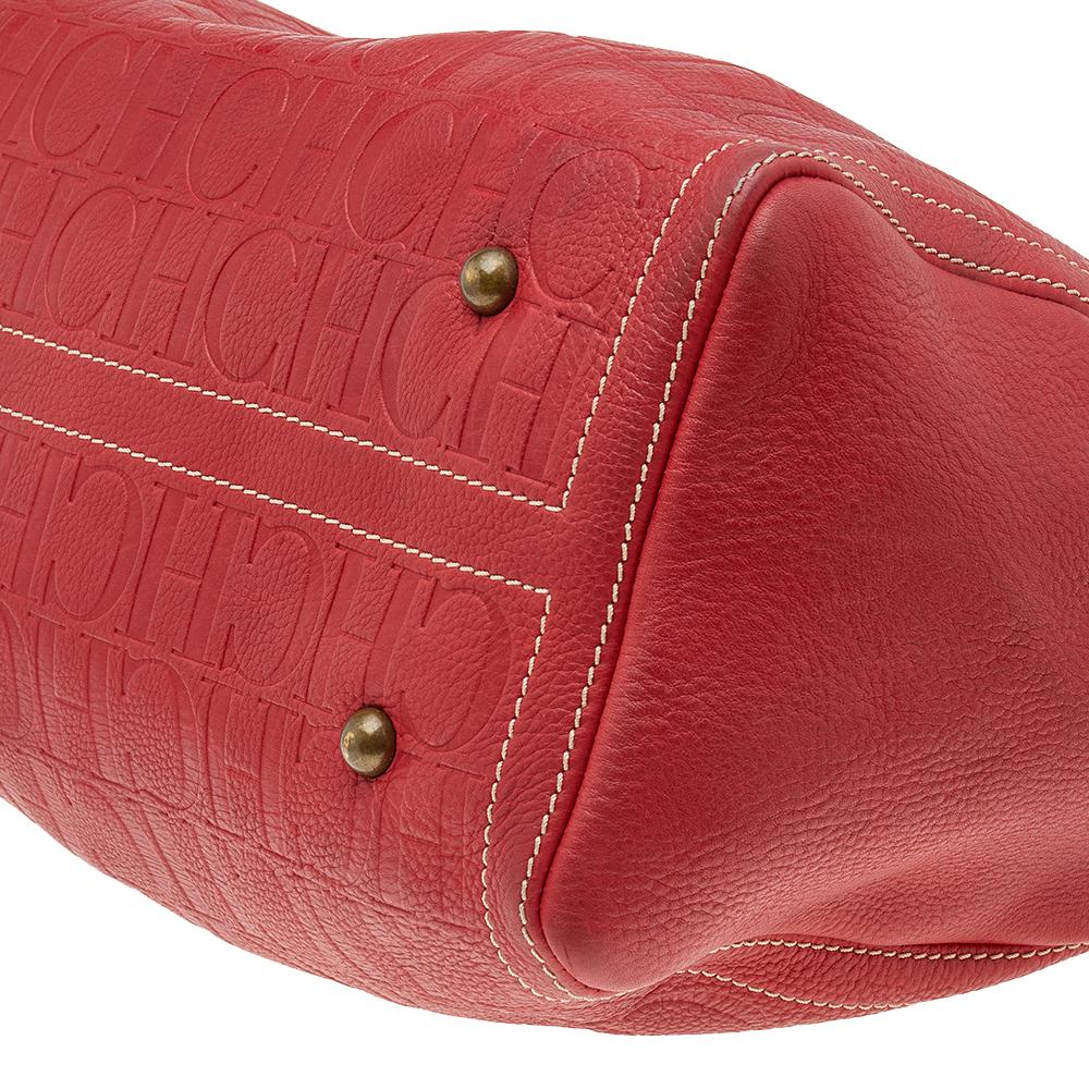 Women's Carolina Herrera Red Monogram Embossed Leather Large Andy Boston Bag