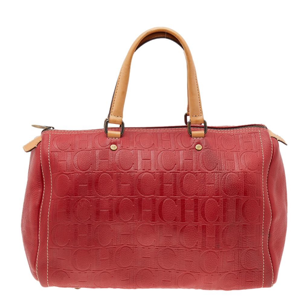 Carolina Herrera Red Monogram Embossed Leather Large Andy Boston Bag 1