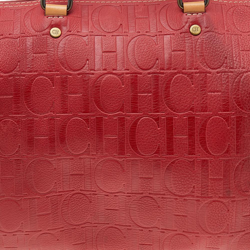 Carolina Herrera Red Monogram Embossed Leather Large Andy Boston Bag 2