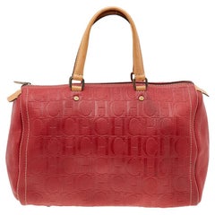 Carolina Herrera Red Monogram Embossed Leather Large Andy Boston Bag