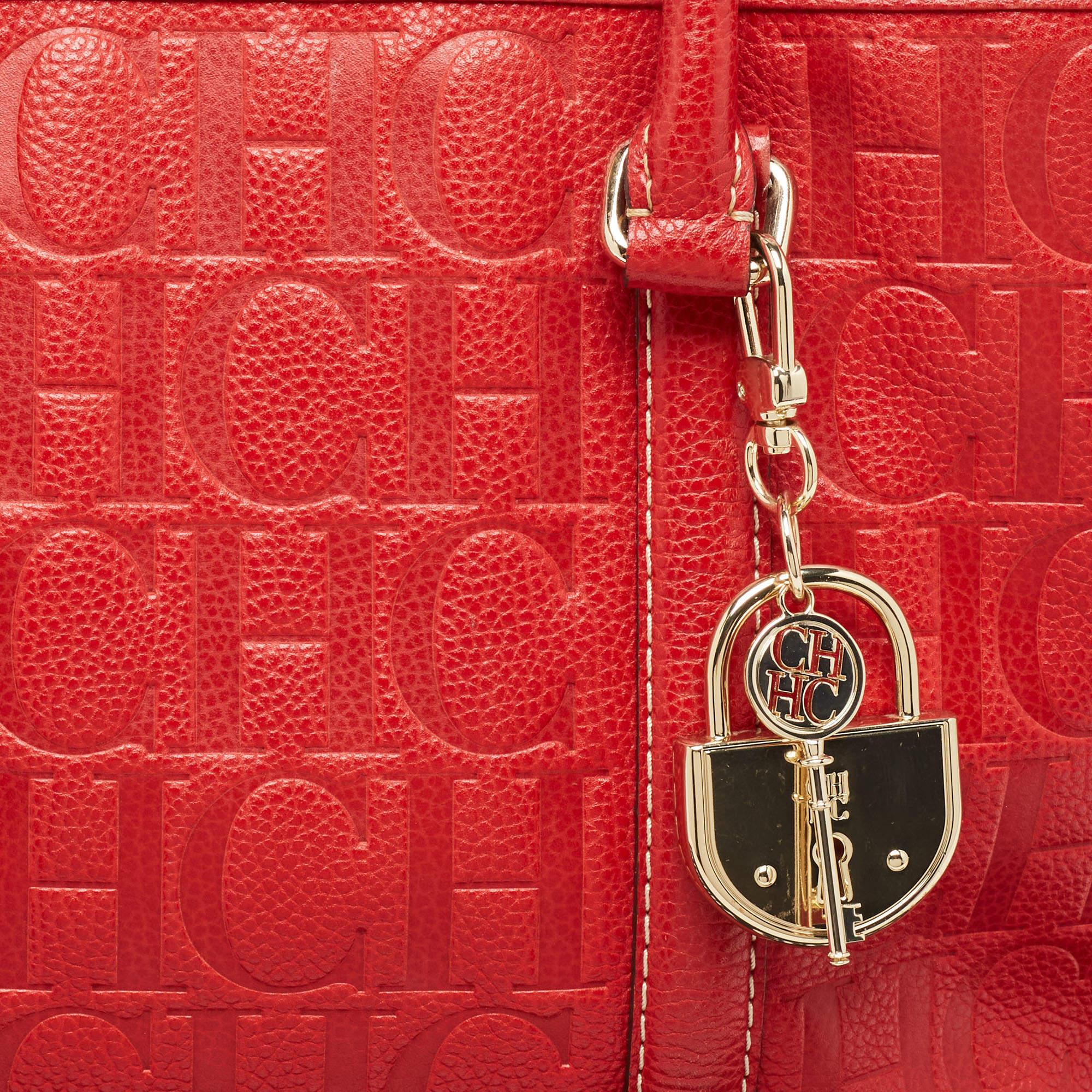 Carolina Herrera Red Monogram Embossed Leather Large Matteo Tote In Good Condition For Sale In Dubai, Al Qouz 2