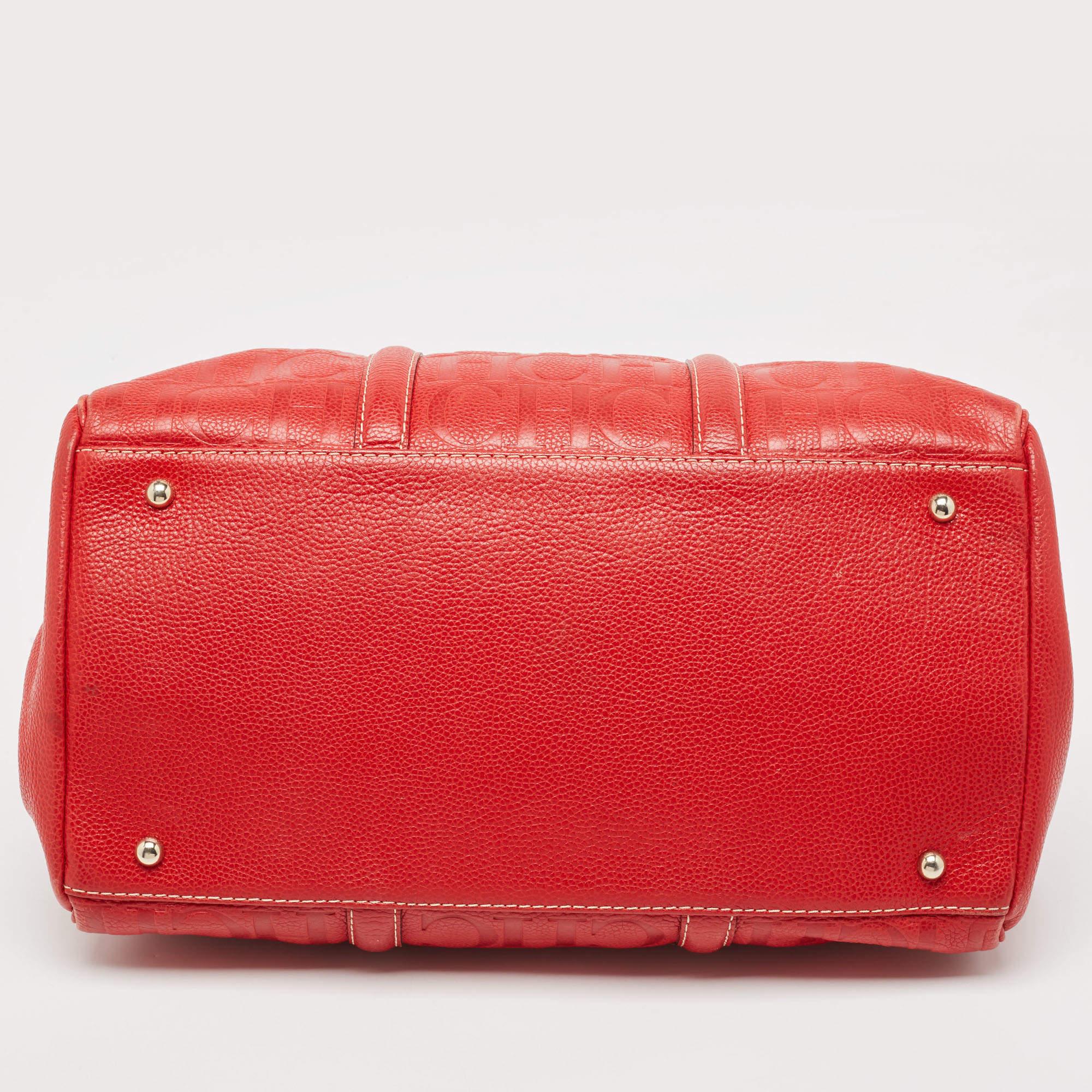 Women's Carolina Herrera Red Monogram Embossed Leather Large Matteo Tote For Sale