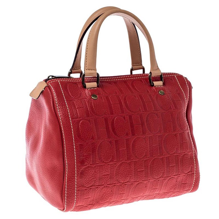 Carolina Herrera Red Monogram Leather Andy Boston Bag For Sale at 1stDibs