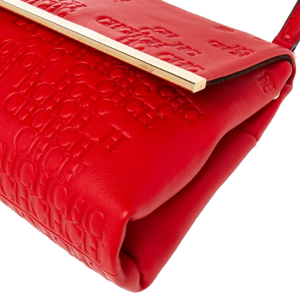 Carolina Herrera Red Signature Embossed Leather Camelot Top Handle Bag ...