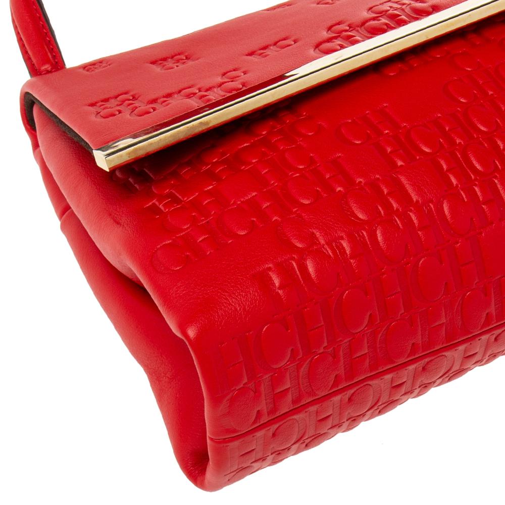 Carolina Herrera Red Signature Embossed Leather Camelot Top Handle Bag 1