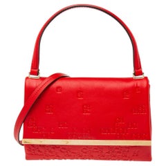 Carolina Herrera Red Signature Embossed Leather Camelot Top Handle Bag
