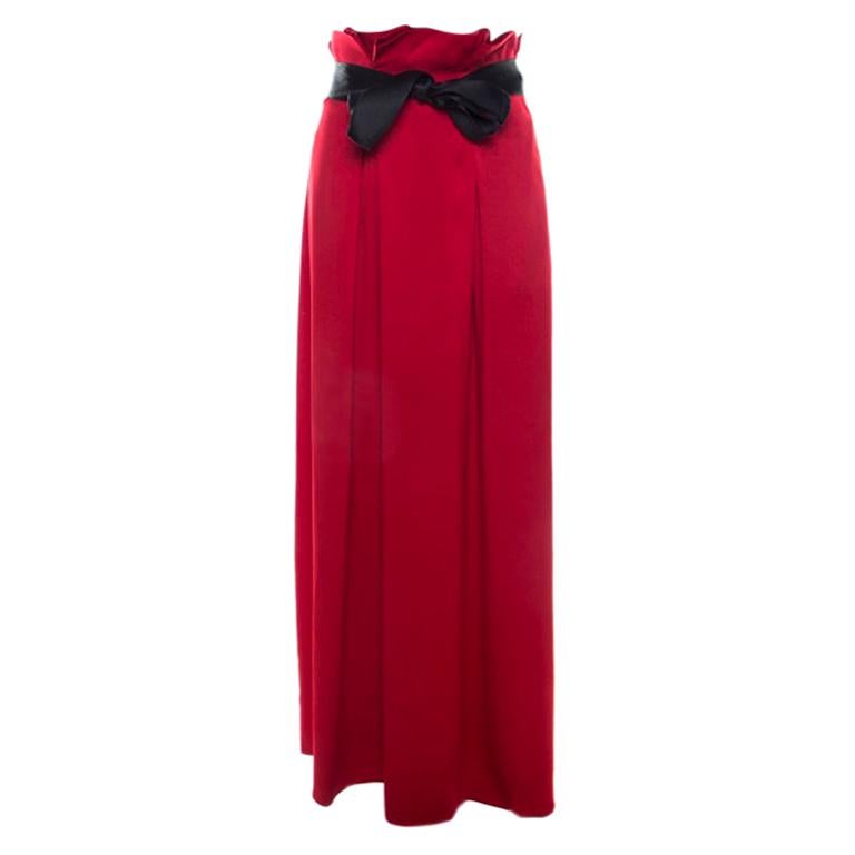 Carolina Herrera Red Silk Satin Contrast Belted Paper Bag Waist Maxi Skirt L at 1stDibs
