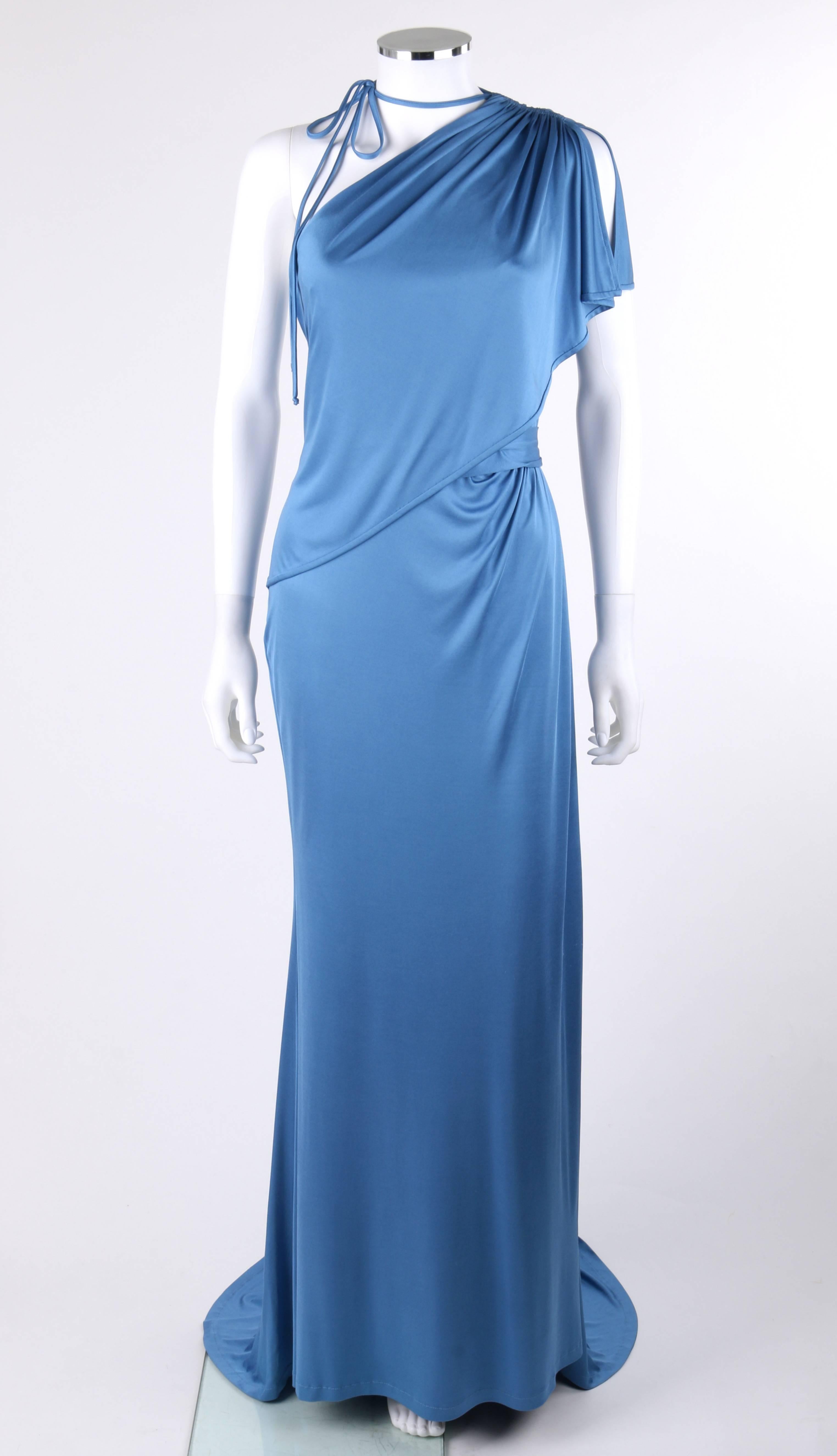 Carolina Herrera Resort 2011 blue silk jersey knit one shoulder grecian draped evening gown dress. Runway look #22. One shoulder with ruched detail and thin fabric ties at shoulder. Draped bodice overlay from left shoulder to waist forming short