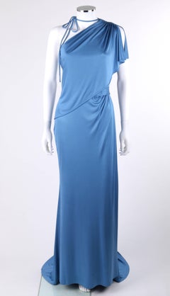 CAROLINA HERRERA Resort 2011 Blue Silk Grecian Draped One Shoulder Evening Gown