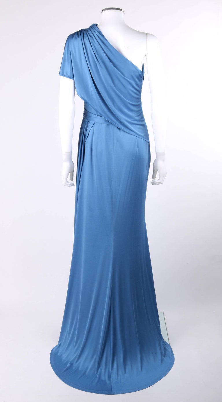 CAROLINA HERRERA Resort 2011 Blue Silk Grecian Draped One Shoulder ...