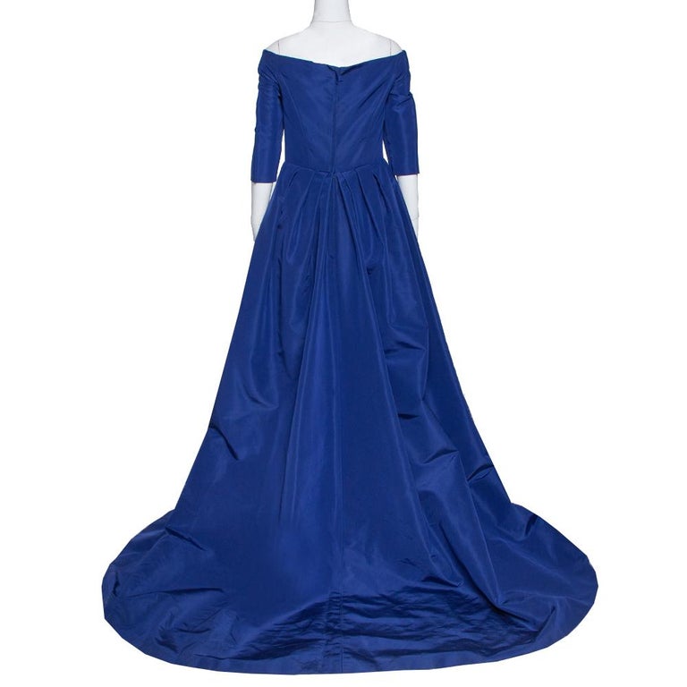 Carolina Herrera Royal Blue Silk Off Shoulder Gown L at 1stDibs