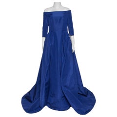 Carolina Herrera Royal Blue Silk Off Shoulder Gown L