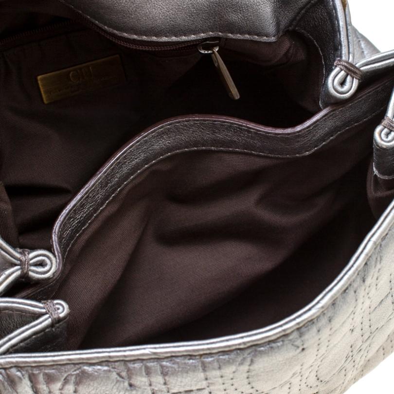 Carolina Herrera Silver Leather Bow Flap Shoulder Bag 6