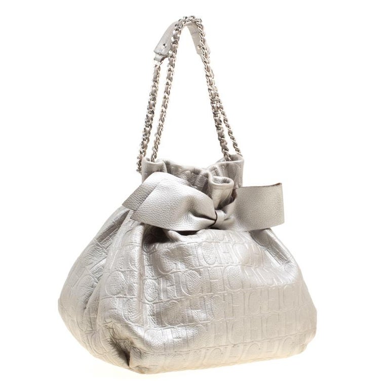 Carolina Herrera Silver Monogram Embossed Leather Bow Bucket Shoulder
