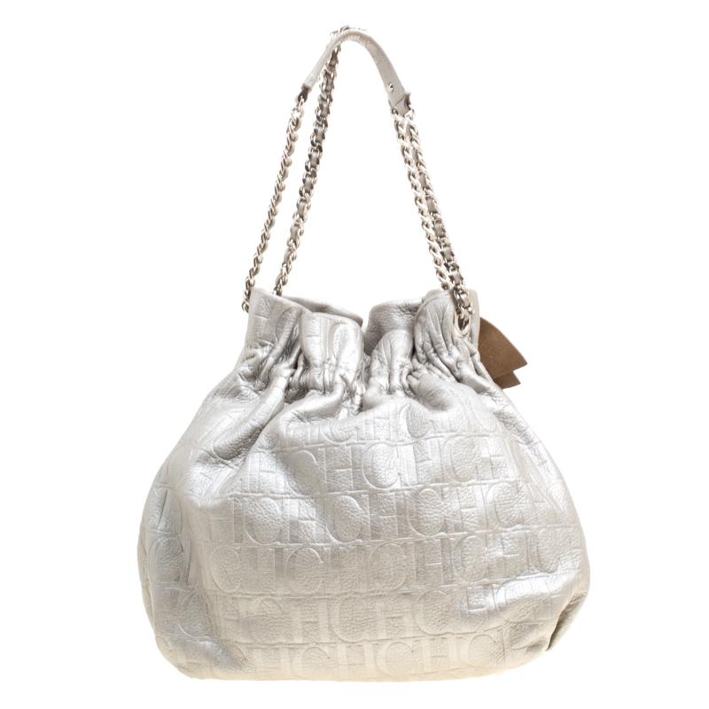 Women's Carolina Herrera Silver Monogram Embossed Leather Bow Bucket Shoulder Bag