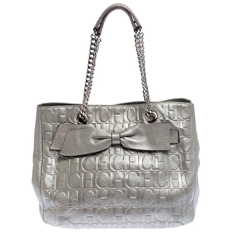 Carolina Herrera Silver Monogram Leather Audrey Tote