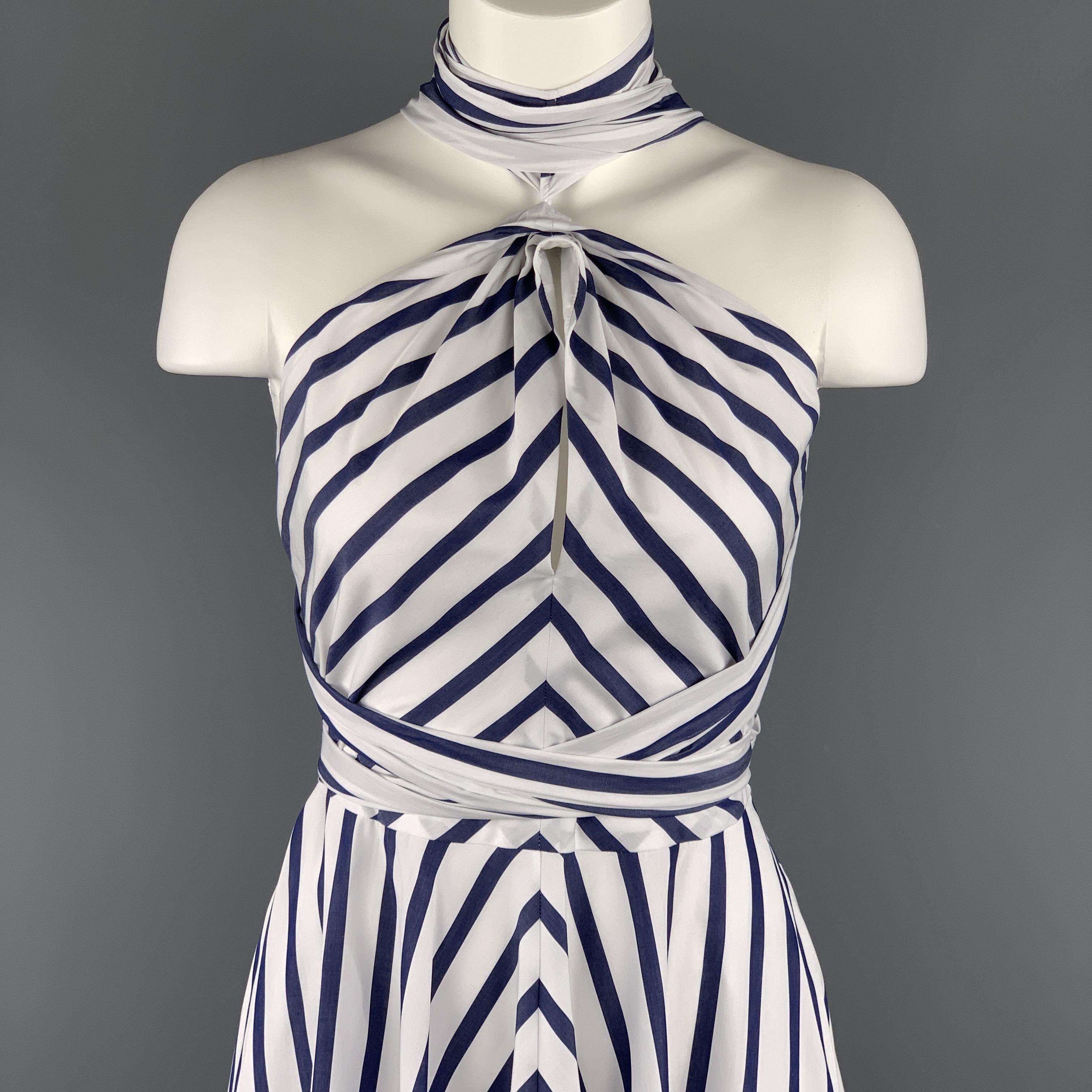 CAROLINE HERRERA sun dress comes in white and blue striped cotton with a halter cut bodice with gathered cutout, flared skirt, and long wrap neck tie. 

Excellent Pre-Owned Condition.
Marked: 0

Measurements:

Bust: 34 in.
Waist: 28 in.
Hip: 34