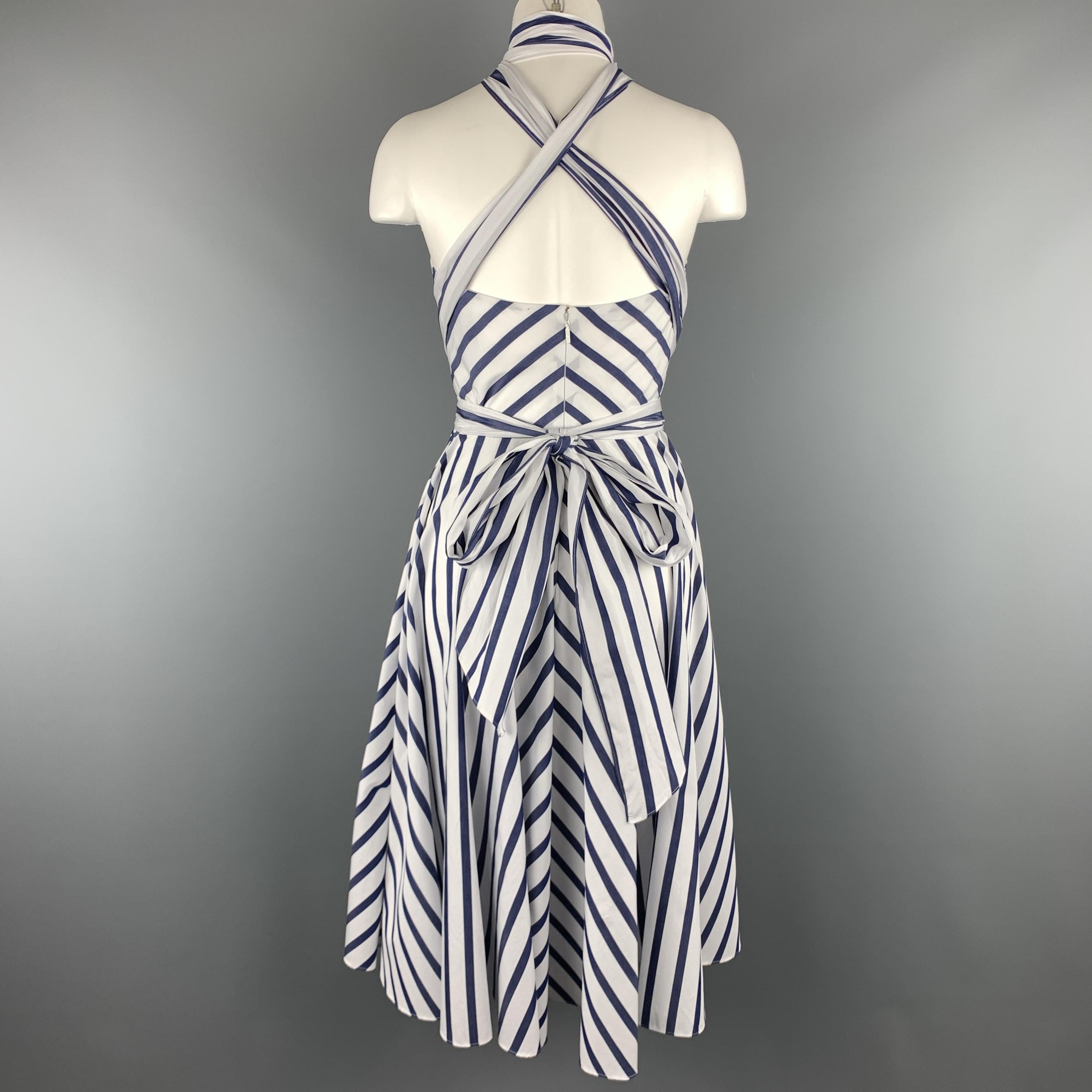 Gray CAROLINA HERRERA Size 0 White & Bllue Striped Cotton Gathered Halter Sun Dress