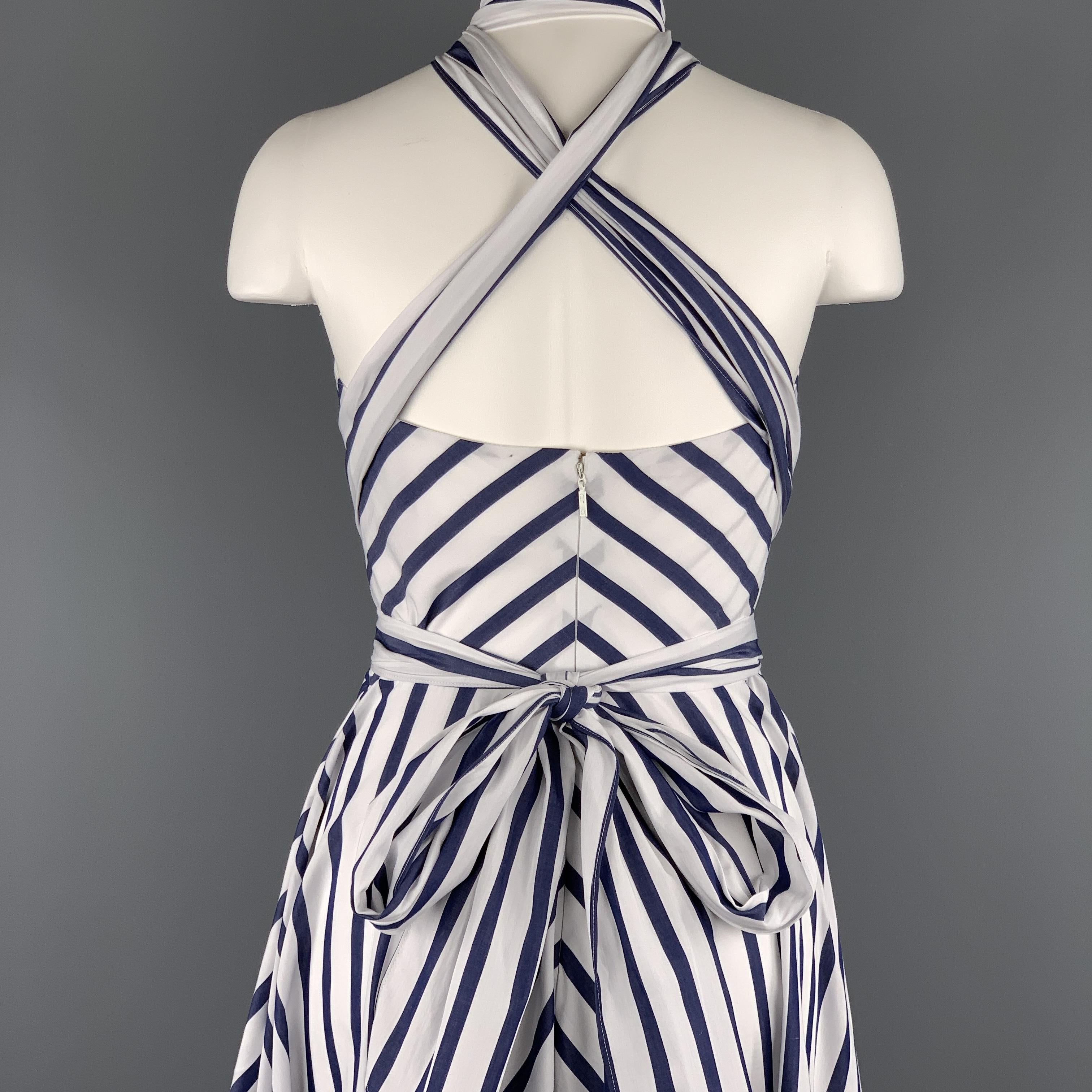 Women's CAROLINA HERRERA Size 0 White & Bllue Striped Cotton Gathered Halter Sun Dress