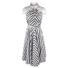 CAROLINA HERRERA Taille 0 Blanc & Bllue Striped Cotton Gathered Halter Sun Dress