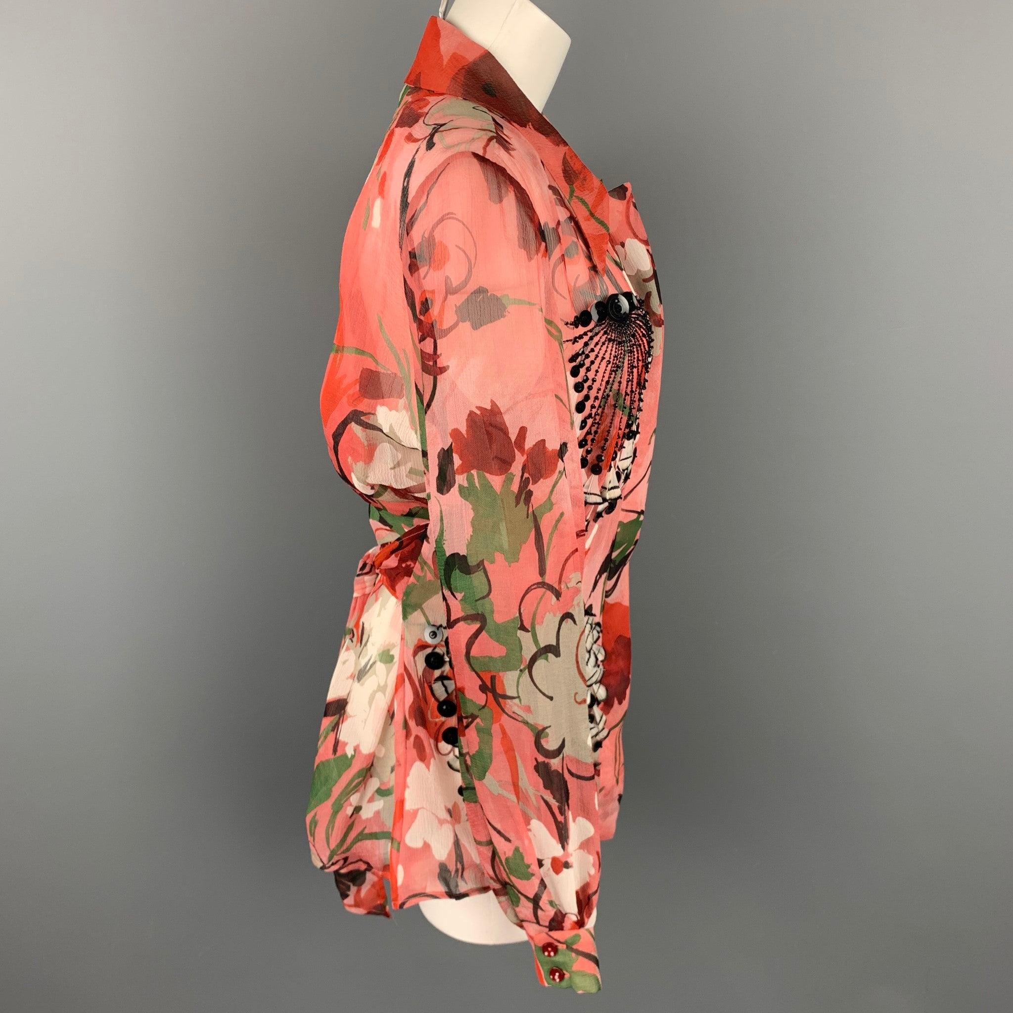 CAROLINA HERRERA Veste boutonnée en soie rose à plumes perlées taille 10 Pour femmes en vente
