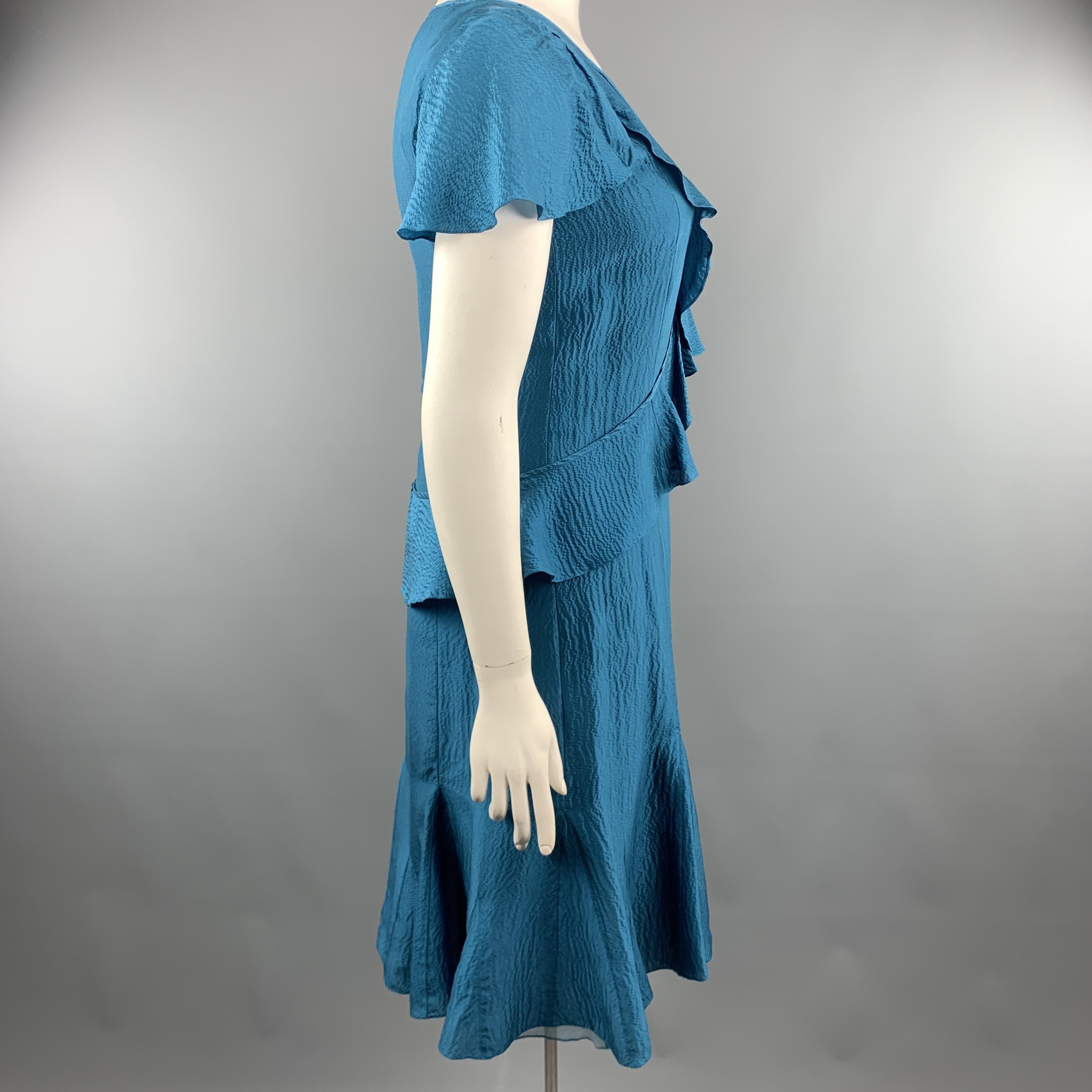 Blue CAROLINA HERRERA Size 12 Teal Textured Ruffle V Neck Dress