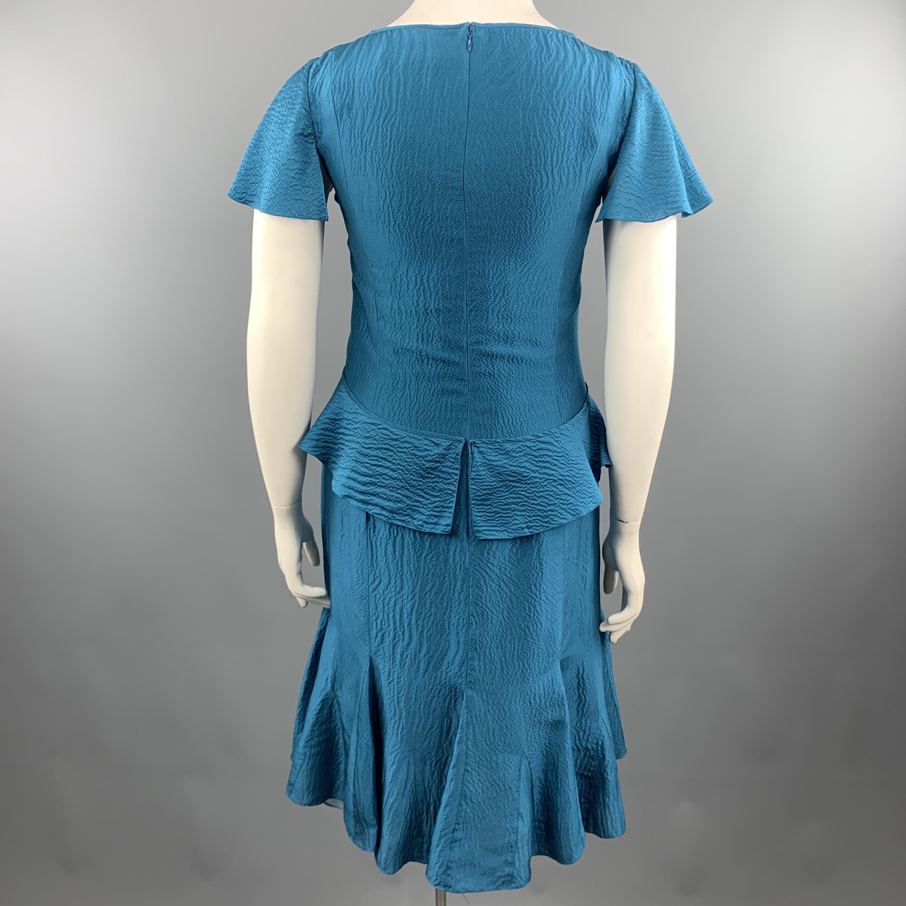 Women's CAROLINA HERRERA Size 12 Teal Textured Ruffle V Neck Dress